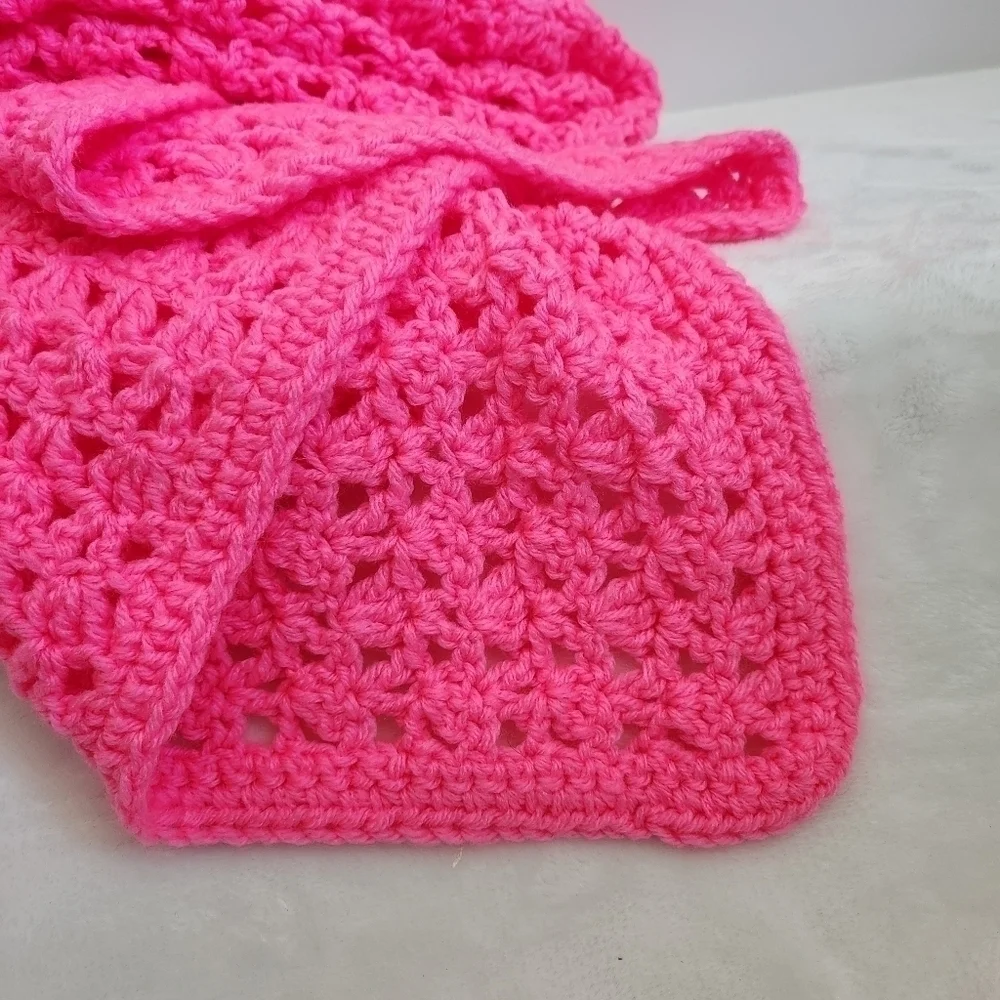 Crochet Handmade Neon Bright Barbie Pink Throw Lap Baby Blanket Afghan